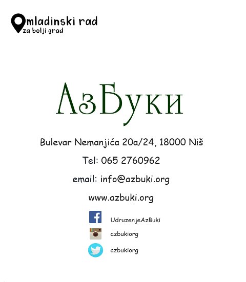 azbukiorg's tweet photo. AzBuki je nevladino i neprofitno udruženje, osnovano na neodređeno vreme radi ostvarivanja ciljeva u oblasti razvijanja omladinske politike, omladinskog rada, demokratskih vrednosti, kulture i tradicije.
https://t.co/YNicOVgqzC
#OmladinskiRadZaBoljiGrad #MOS #NAPOR #AzBuki https://t.co/9OYneH99gB