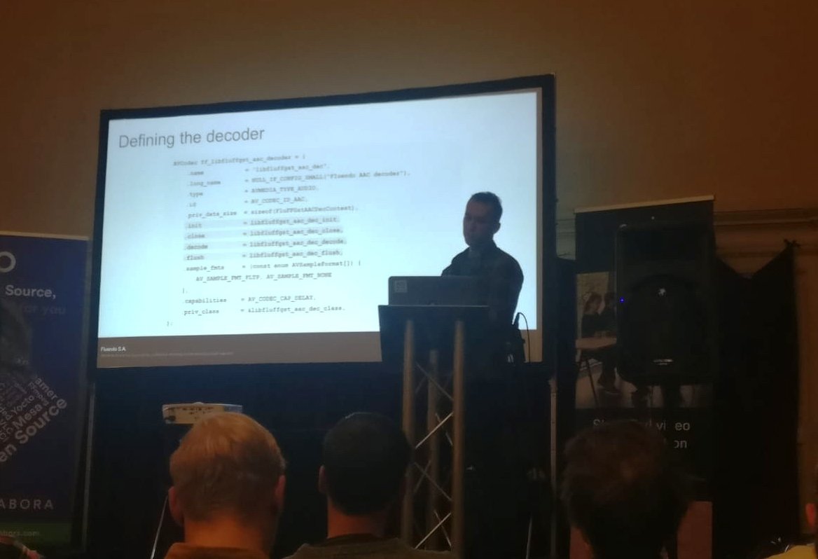 Fluendo's tweet photo. Honored to have had the chance to present at the #GStreamerConference2018. Our senior developers Marek Olejnik & Stephane Cerveau did a great job speaking about the interoperability between this #multimedia framework with #FFmpeg & #DirectShow. https://t.co/xnUp93kzNb