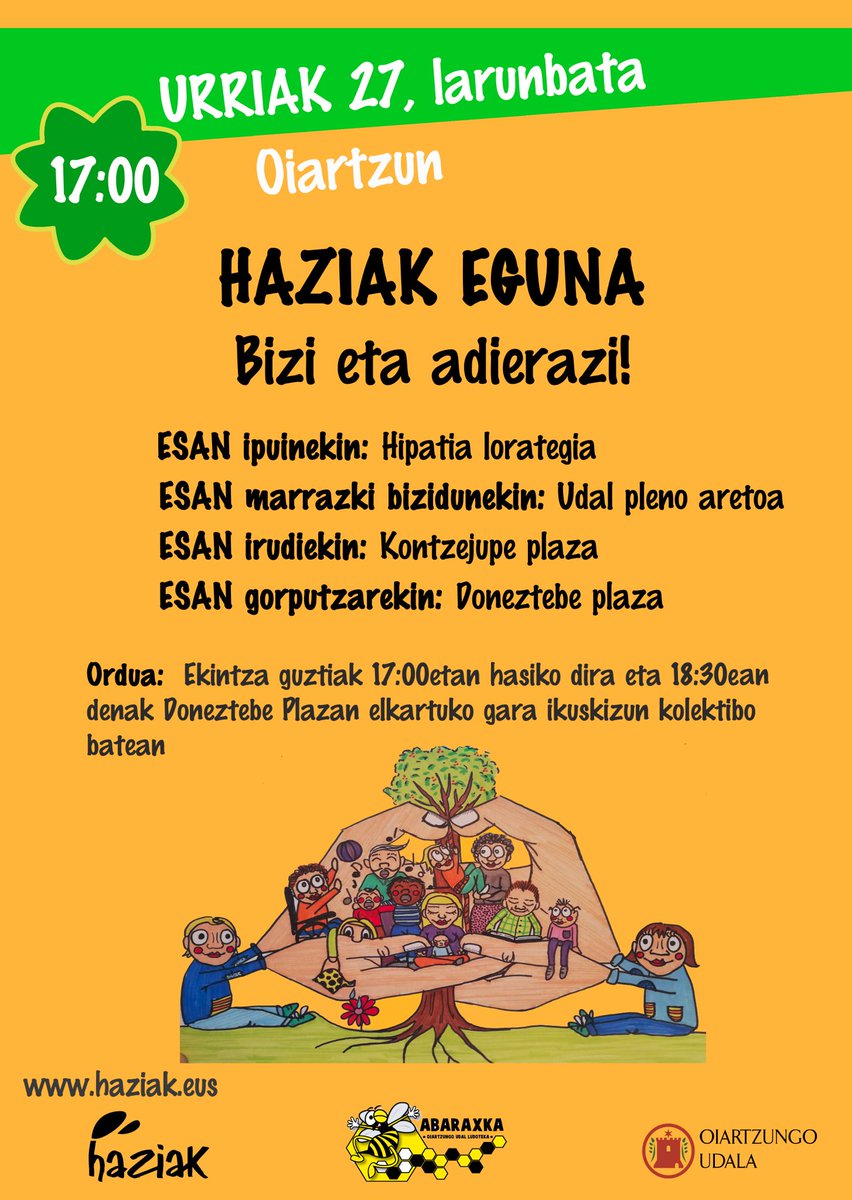 Esan ipuinekin, esan irudiekin, esan marrazki bizidunekin, esan gorputzarekin. #Haziak

Bihar, larunbata, 17.00etan #Oiartzun​en elkartuko gara. 

#HaziakEguna: Bizi eta adierazi!

Badakizu zer egingo dugun txoko bakoitzean? 

Jarraitu irakurtzen 👇🏾