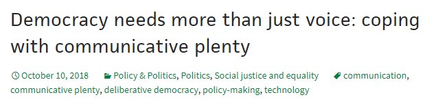 Getting out of the "noisy restaurant": how to better combine citizen involvement &amp; political expression to provide greater opportunities for listening &amp; reflection in democratic decision-making policyandpoliticsblog.com/2018/10/10/dem… cc <a href="/WiseDemocracy/">The Co-Intelligence Institute</a> <a href="/demsoc/">Democratic Society</a> <a href="/uffeelbaek/">Uffe Elbæk</a> <a href="/MCKHolst/">Mikkel C.K. Holst</a> <a href="/opengovpart/">Open Gov Partnership</a>