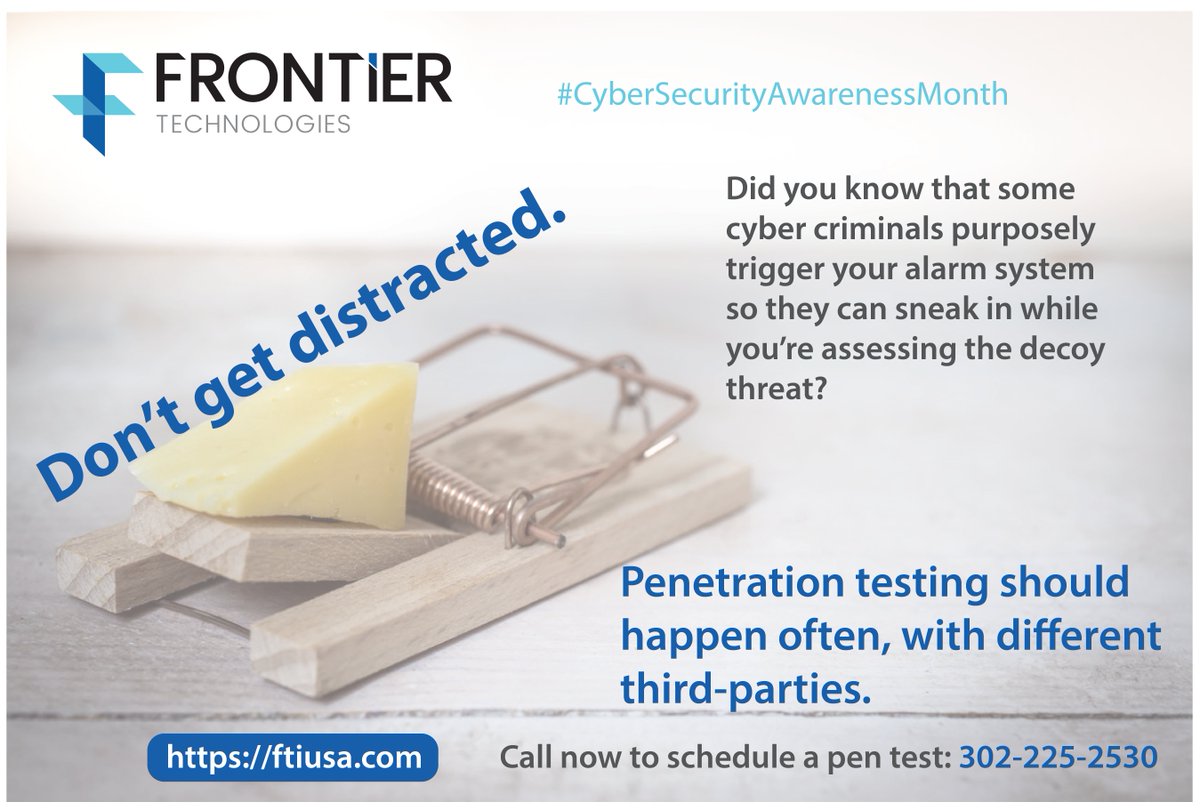 #CyberSecurityAwarenessMonth Friday Fact: some cyber attackers purposely trigger your defense system while they sneak in a back door with the real hack. Are you penetration testing often and varying your third-party providers? Reach out to learn more about best practices!