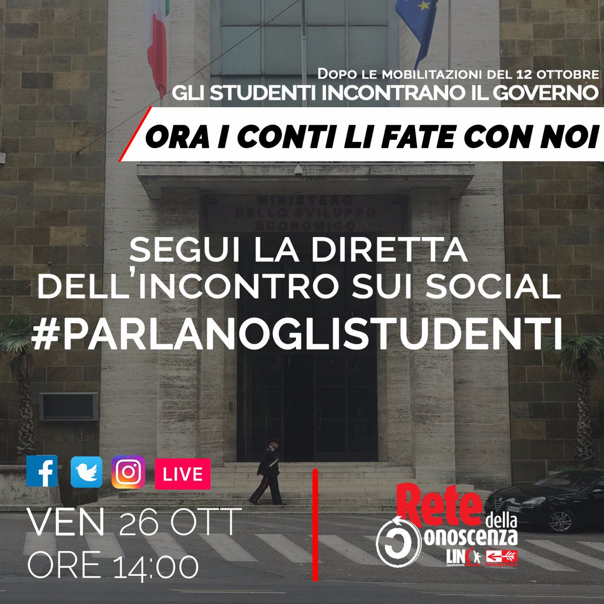 reteconoscenza's tweet photo. Oggi #parlanoglistudenti! Riprendete l'hashtag per commentare la diretta: proporremo a @luigidimaio che nella #manovraeconomica vanno aumentati gli investimenti in #istruzione. Torneremo nelle piazze se non ascoltati il 16 Novembre #agitiamoci https://t.co/TI7HxNmioP