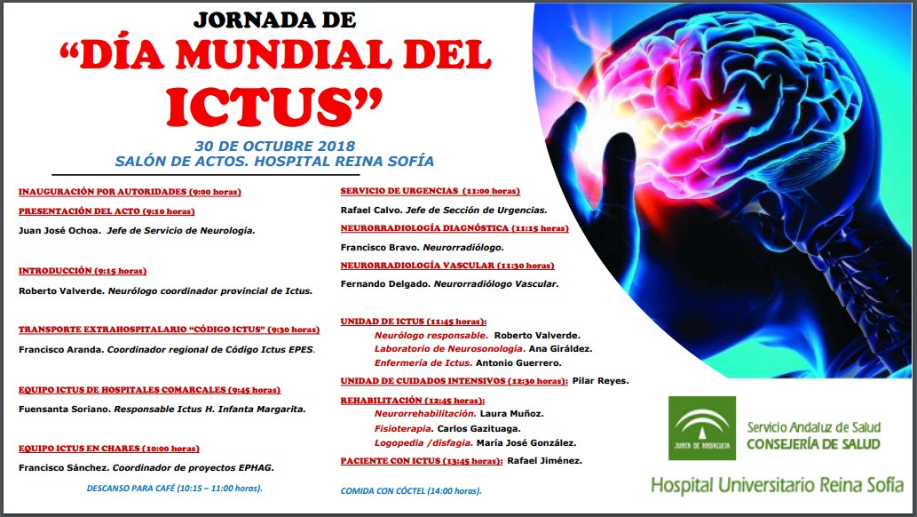 HUReinaSofia's tweet photo. 📍 Por el #DíaMundialIctus, el 30 de octubre celebramos una jornada provincial en @HUReinaSofia con un programa en el que participan los siguientes servicios, unidades y profesionales relacionados con el abordaje de esta #enfermedad 👇

Más información ➡ https://t.co/4ZY4d3s8Hm https://t.co/8O2D3NT1ja
