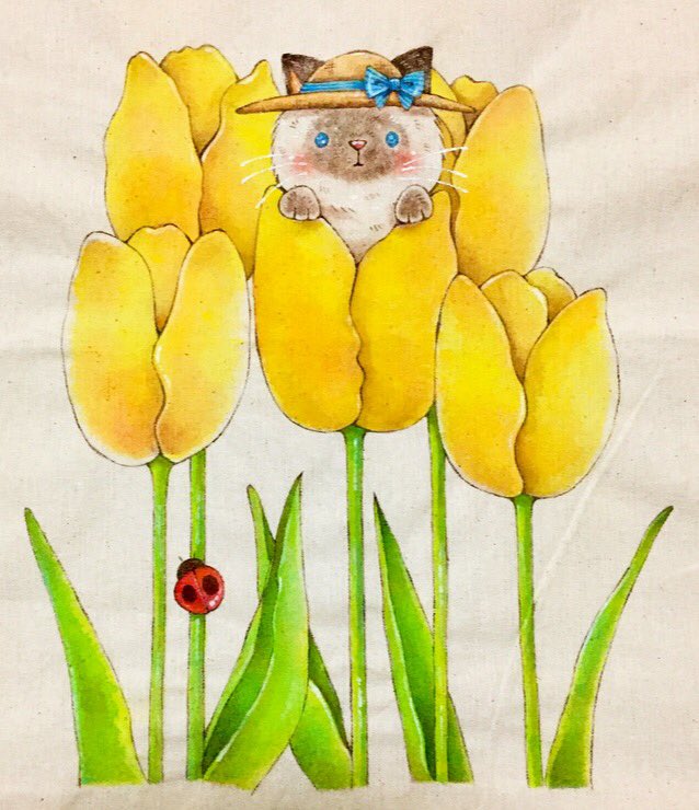 Natsumi 猫とチューリップ トートバッグ 布絵の具 イラスト 猫 チューリップ