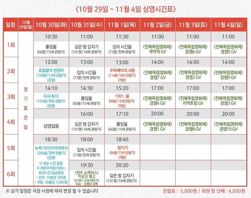 전주디지털독립영화관 11월 1주 시간표 #전북독립영화제 #밤치기 #1991,봄 #우묵배미의사랑 #집의시간들 #깊은밤갑자기 #풀잎들 #호밀밭의반항아...