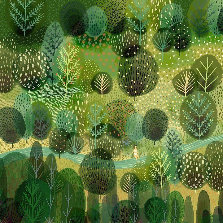 ‘The Girl with the Airforce Blue Bicycle ‘ you will see what I mean by the foliage....it’s her ‘thing’ and she’s great at painting different plants and trees.