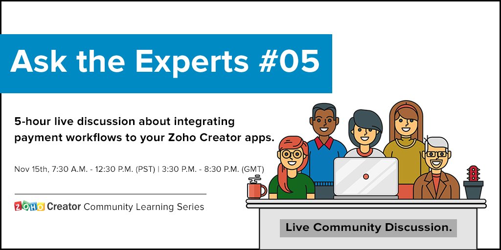 ZohoCreator's tweet image. How do you integrate payment workflows in your Zoho Creator apps? 

Find answers to this and more payment-related questions on our Ask the Expert session live on the 15th of November 2018.

Ask away! zoho.to/Ask-the-Expert5

#ZohoCreatorTips #ZohoCreator
