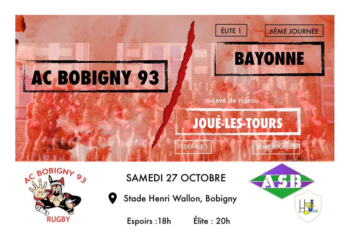 ACBobigny93's tweet photo. 🔴⚫ Grande soirée #rugbyféminin samedi ! 🔴⚫
A 20h, duel au sommet de l'#Elite1 entre les #Louves et @asbayonne !
À 18h en levée de rideau, les Espoirs seront opposées à l'US Joué rugby Féminin. Elles auront à coeur de se racheter de leur contre-performance de samedi dernier. https://t.co/rkS6zvnHWO
