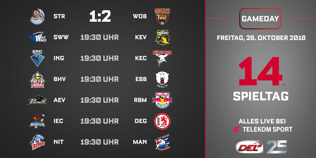 DELoffiziell's tweet photo. Spieltag 14! 6 Spiele - alles live bei #TelekomSport. Die @aevpanther wollen ihre Serie im Derby gegen @RedBullMuenchen fortsetzen, die @SERCWildWings wollen nachlegen, die @Ice_Tigers gegen @adlermannheim punkten...
#SWWvsKEV #INGvsKEC #BHVvsEBB #AEVvsRBM #IECvsDEG #NITvsMAN https://t.co/bOaLXZbrWj