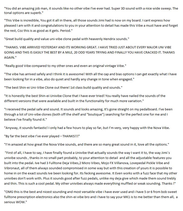 thirtythirdfx's tweet image. Some customer feedback for the Nova Vibe I've had over the past couple of years. Contact thirtythirdeffects@gmail.com for more info &amp;amp; to order.