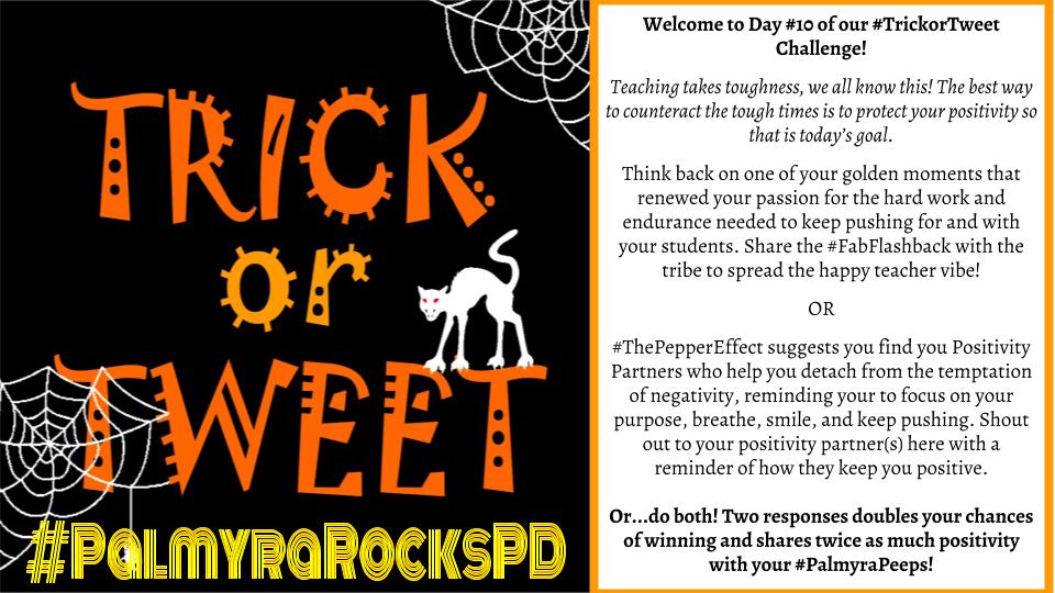 SaiaStacy's tweet photo. Day #10 of our #TrickorTweet Challenge! @MsRuff4thgrade @rreimer718 @rabbi8008 @jvz528 @sokotracy @MsSico1 @LaurenQ3040995 @milewski_amanda @PalHSAthletics @TheCounselorCh1 @dorie1979 @Eric_mehler @JPatchel @Hegwoman @CaptainNahrwold @wilykim #FabFlashback #PositivityPartners https://t.co/RKtUO21KPU