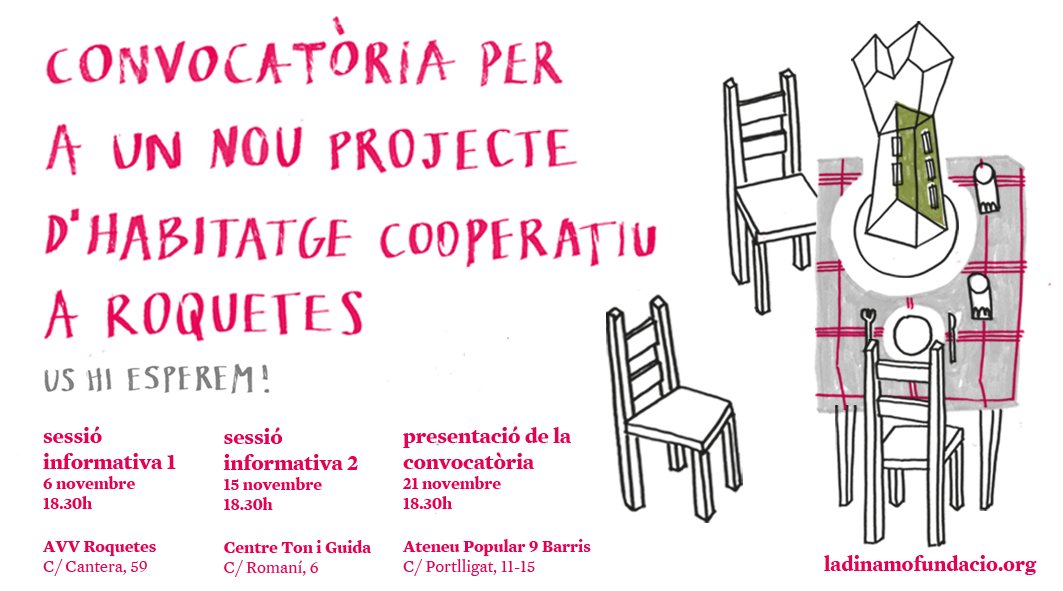 Impulsem una nova convocatòria oberta per a grups que vulguin desenvolupar un projecte d'habitatge cooperatiu al barri de Roquetes!!

Sessions informatives:
📍6/11 - 18:30h a <a href="/AVVRoquetes/">AVV Roquetes</a>
📍15/11 - 18:30h a <a href="/ctoniguida/">Ton i Guida</a>

Presentació de la convocatòria:
📍21/11 - 18:30h a <a href="/ateneu9b/">AteneuPopular9Barris</a>