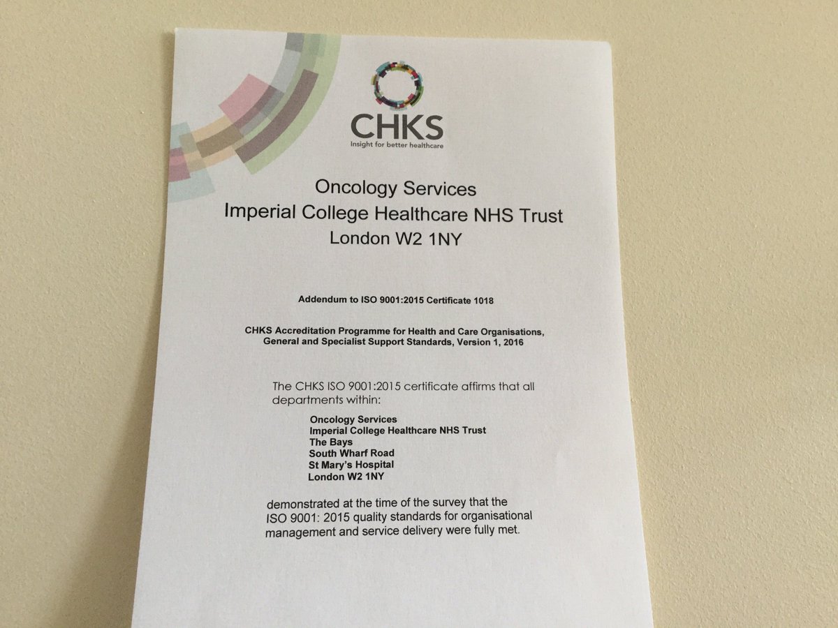 RebeccaJohl's tweet photo. Well done team Oncology @ImperialNHS on our ISO accreditation. Fantastic achievement! @CZElliott29 @rt_imperial @ruthdeltufo #needaframe https://t.co/f8Dz9QWJtC