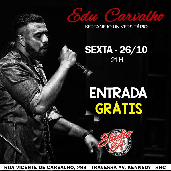 Studio84Rock's tweet image. HOJE TEM SHOW COM O OLIVER SANTANA AQUI NO STUDIO 84!

ENTRADA GRÁTIS A NOITE INTEIRA

(11) 4317-1527 ou (11) 94745-1316 c/ Helena
R. Vicente de Carvalho, 299 - Anchieta - SBC/SP (Travessa da Av. Kennedy)

#Studio84 #EduCarvalho #Sexta #EntradaGrátis