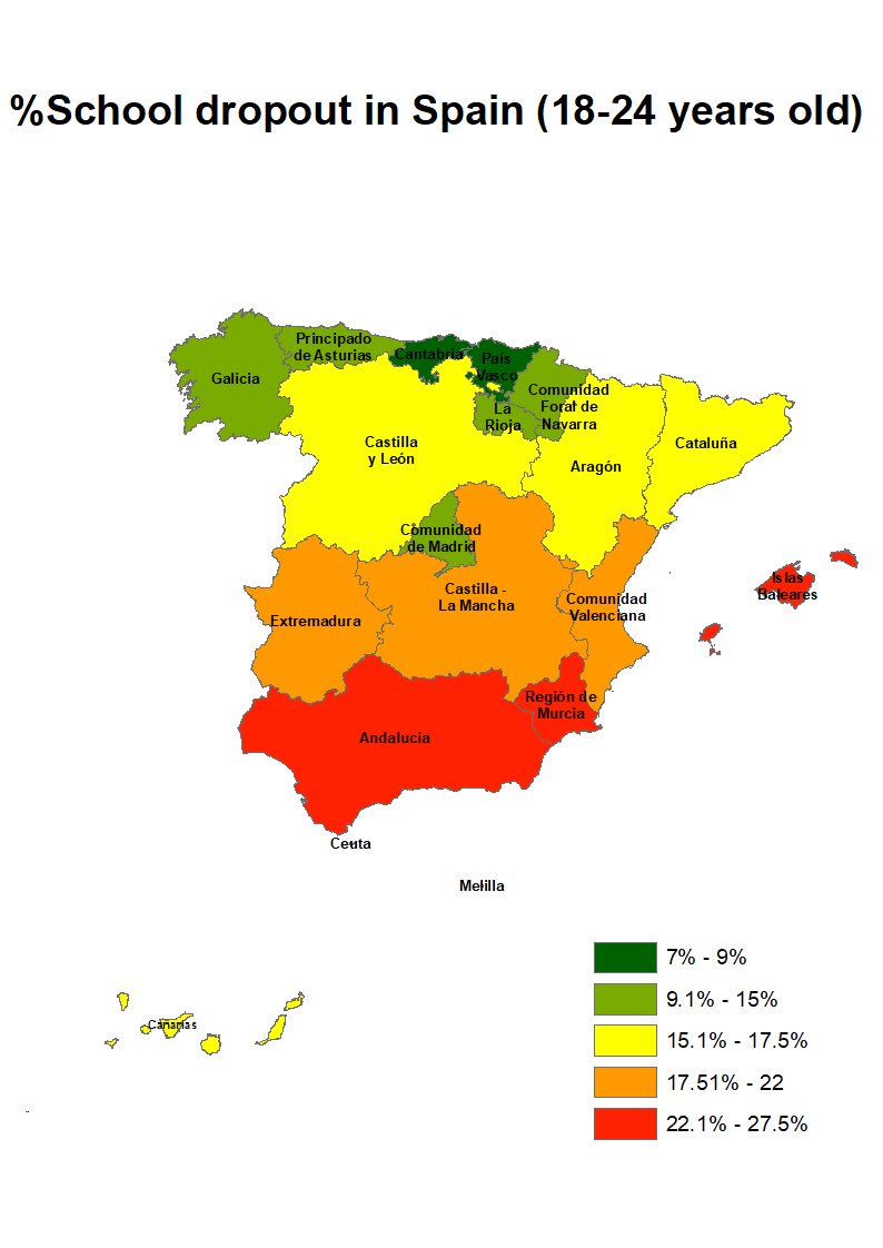 Data source: INE

#geography #europe #map #mapofeurope #cartography #barcelona #world #economy #people #population #gis #arcmap #arcgis #unemployment #paro #laboral #schooldropout #school #spain #españa #education