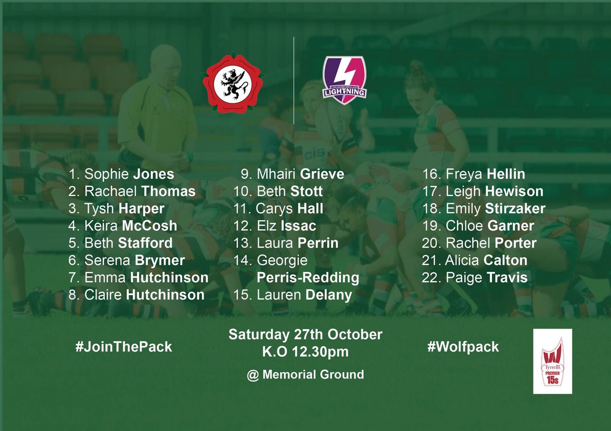 WaterlooLadies's tweet photo. π | TEAM NEWS
Our 1XV squad to take on @LightningRugby at The Memorial Ground this Saturday. It sees returns from injury for @GeorgieLilly & @laura_perrin_ as well as return from international camps for @mhairigrieve & @LaurenVeronaD #WolfpackπΊπβ€οΈ https://t.co/TvdHovGOy6