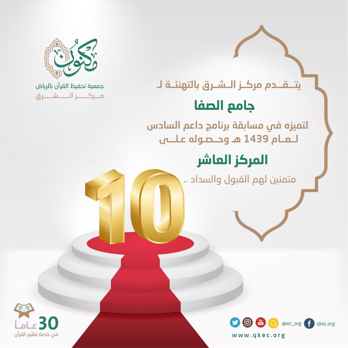 qkec_org's tweet photo. نبارك لحلقات جامع الصفا @G0Safa123 لحصولهم على المركز 🔟 في مسابقة برنامج داعم لعام 1439هـ https://t.co/hWrUlKDEVF
