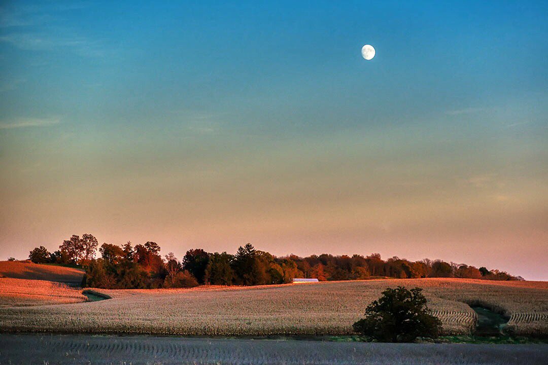 The stillness that occurs during a rising moon and setting sun is pretty nice. #landscapephotography #thisisiowa #linncounty