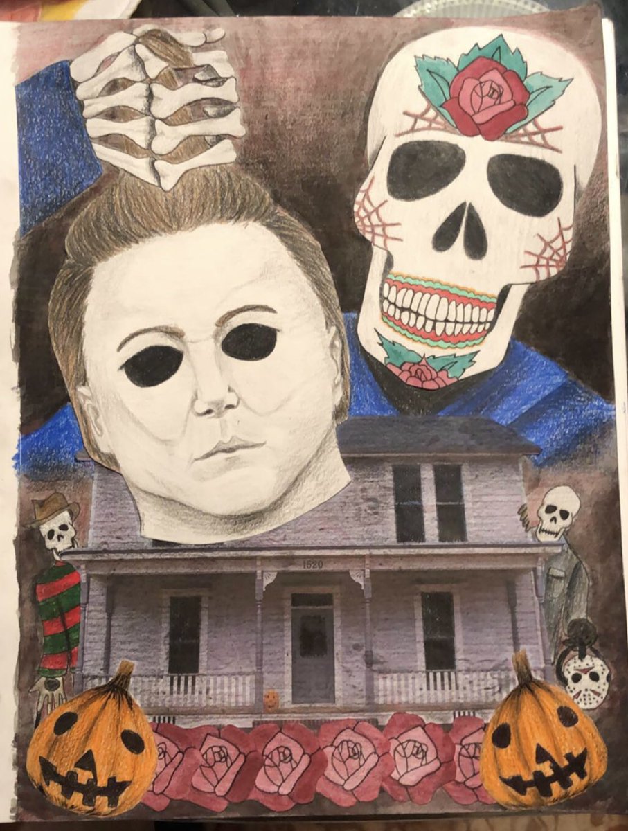 we did dia de los muertos themed projects in art recently and i decided to do it on michael myers what a shocker