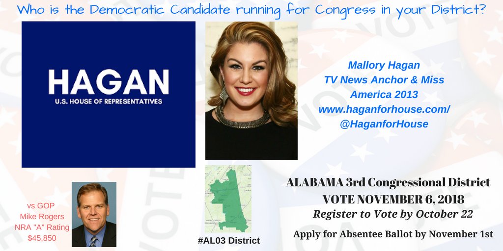 postcards4USA's tweet photo. @HaganforHouse Democratic Candidate for Congress #AL03 #AL3
Alabama District 3
Mallory Hagan, Local TV News Anchor &amp; Miss America 2013 https://t.co/bNf7ErlsFn
@HaganforHouse

#VoteBlueAL #Midterms2018
vs GOP Incumbent Mike Rogers

THREAD of All Dem Candidates #AL here: https://t.co/vX5TrLOdaf https://t.co/qgILCjzJRe