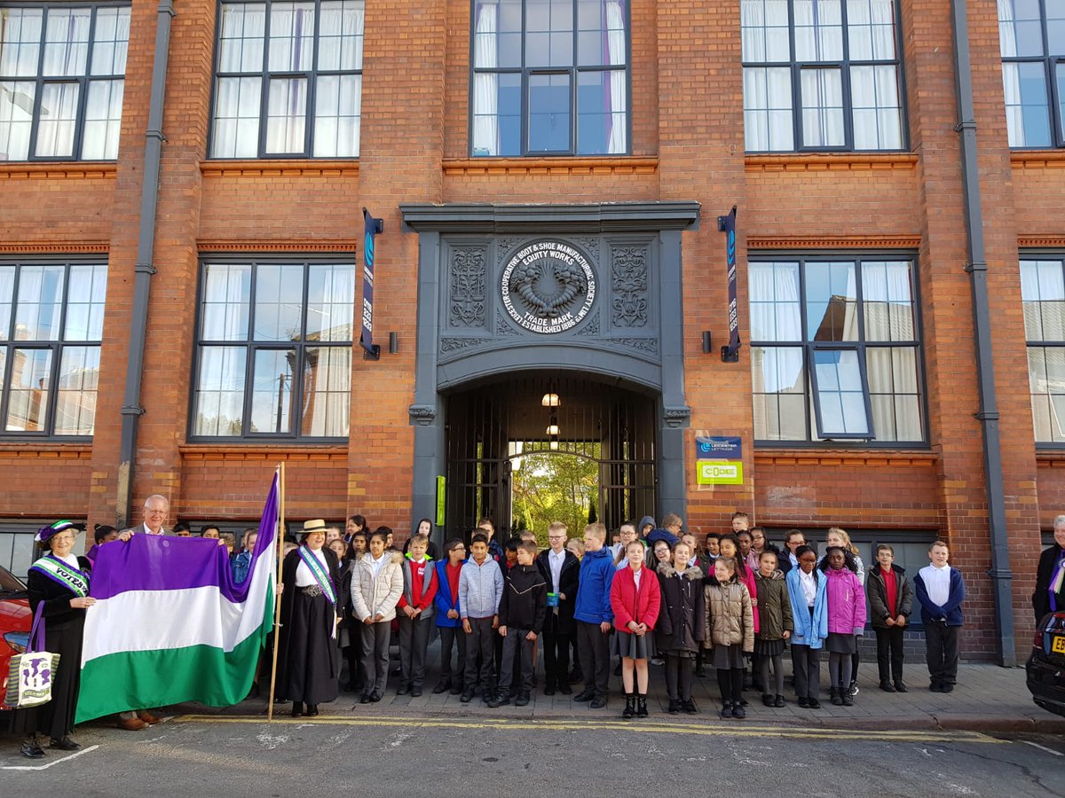 A great turn out at Equity Boot and Shoe Factory for the #suffrageflag. As  president of the #Leicester Independent Women’s Boot and Shoe Trade  Union #AliceHawkins fought for equal pay, find out more at   alicesuffragette.co.uk/aliceslife.php #suffrageflagrelay  #followtheflag