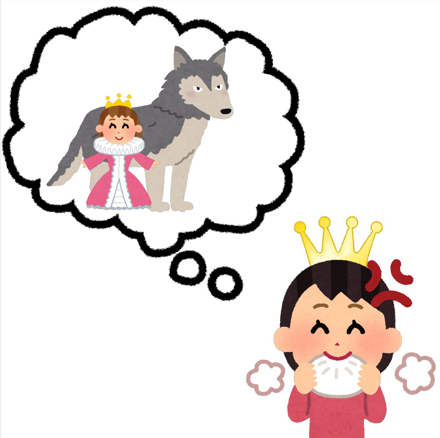 まいチクをいらすとやで再現 Dayukoume 再現難易度 使ったイラスト 6枚 ふきだしのイラスト オオカミのイラスト 王女様 お姫様のイラスト 肉まんを食べる女の子のイラスト 金色のイラスト素材 王冠 漫符のイラスト 怒った血管 まいにちチクショー