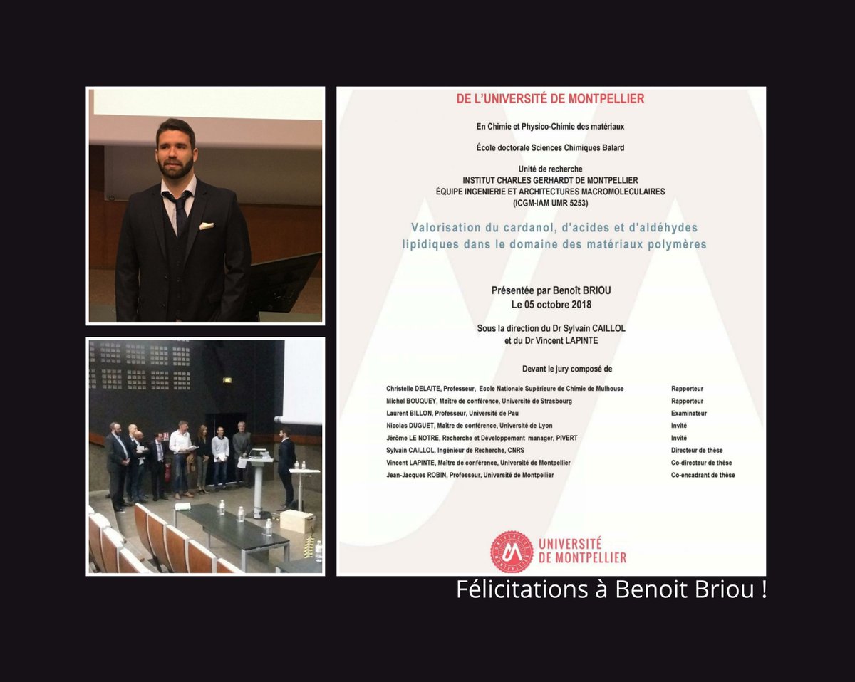Félicitations à Benoit Briou pour son titre de Docteur de l’Université de Montpellier !
Benoit est le 1er doctorant à soutenir sa thèse en 2018 sur la douzaine prévue cette année dans le Programme de recherche GENESYS de la <a href="/SASPIVERT/">SAS PIVERT</a>
#formationparlarecherche #chimieduvegetal