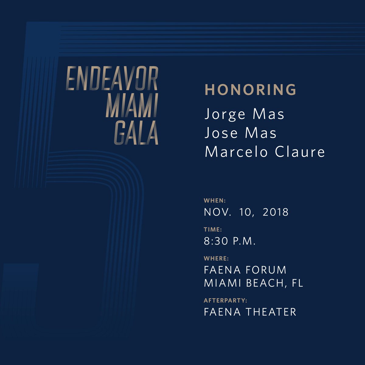 Join us Saturday November 10th, for @EndeavorMiami Fifth Anniversary Gala, where we'll recognize Jorge Mas, Chairman of the Board and Co-Founder of MasTEC, Jose Mas, CEO of MasTec, and Marcelo Claure, COO of Softbank with our Endeavor Miami Impact Award! #highimpact
