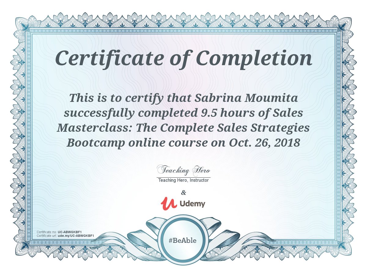 course completion certificate on "Sales Masterclass: The Complete Sales Strategies Bootcamp"