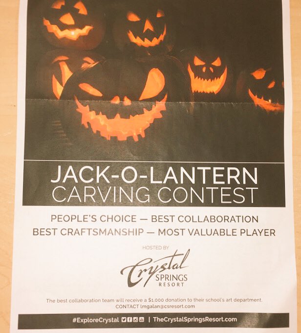 hprhs_mgomez's tweet photo. Come visit Crystal Springs tonight and see our school’s beautiful pumpkin carvings! Judging starts at 7 pm and winner of the contest wins an $1000 donation to the school’s art department‼️🎃🕯  #jackolantern #holloweekend  @JonTallamy @HPRwildcats https://t.co/LvSAV4glAB