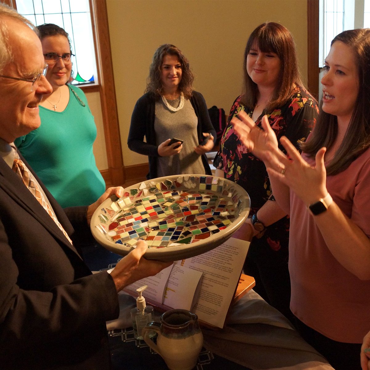 CTSeminary's tweet photo. Today's Senior Chapel Team led a service on breaking silences where many churches have been silent in the Campbell Hall Chapel. They created a mosaic together which became the plate used in communion and then presented it to Prof. Bill Brown who advised them. #CTSemLife https://t.co/rOPhKQBrXP