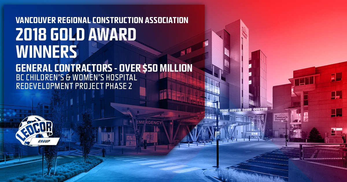 LedcorGroup's tweet photo. Congratulations to all VRCA @VanConstruction 2018 award winners, we are honoured to have won Gold for Teck Acute Care Centre with our partner @BalfourBeatty. Special thanks to all people involved with the project. #ledcorbuilt https://t.co/CMPO5CIUG9