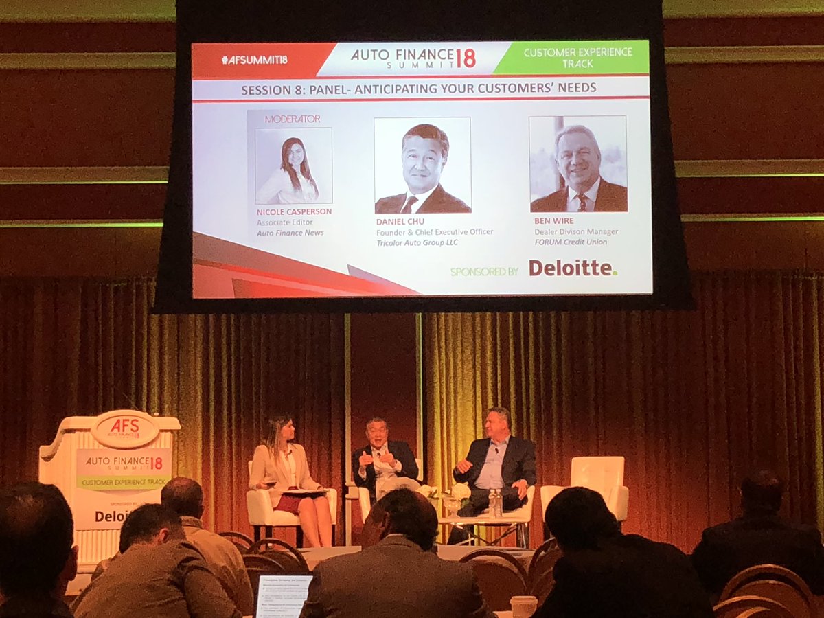 AutoFinanceNews's tweet photo. “Lenders are missing the opportunity to get customers who are insecure about their ability to get financing.” @TricolorAuto ‘s Daniel Chu said on #AFsummit18 panel on anticipating customer needs with @FORUMTalk https://t.co/FMmdNRHiRd