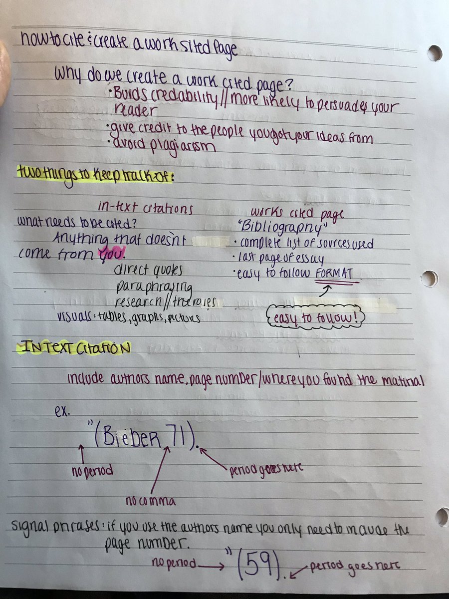 MsDesberg's tweet photo. Some stellar note taking in #WHS #FoundationsofWriting! #IntextCitations #WorksCited https://t.co/URKKClIOuD