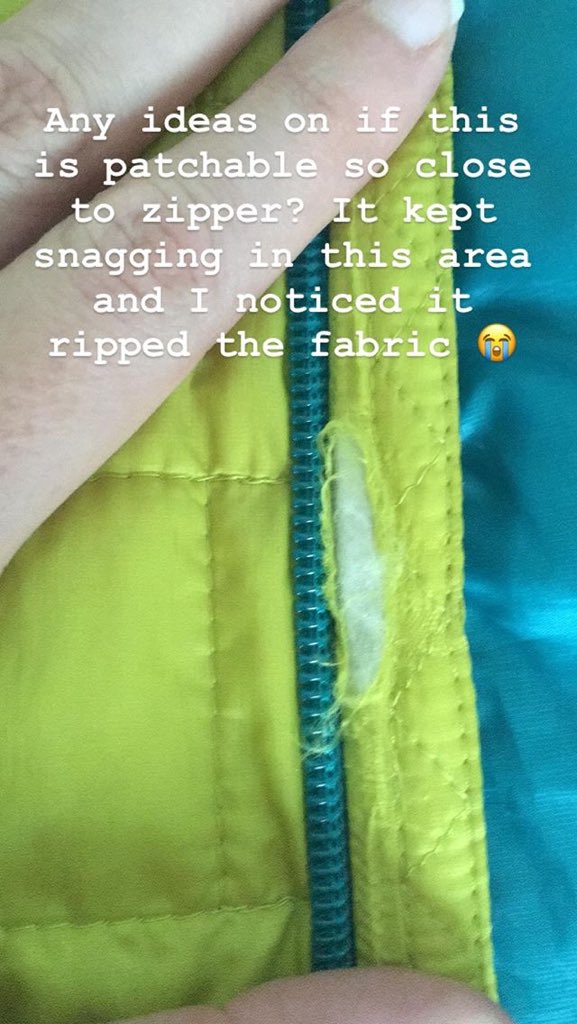 FindTheSpice's tweet photo. @patagonia any advice for this tare? 😭the zipper snagged and tore the fabric but it’s so close to the zipper. https://t.co/pzLW2foI86