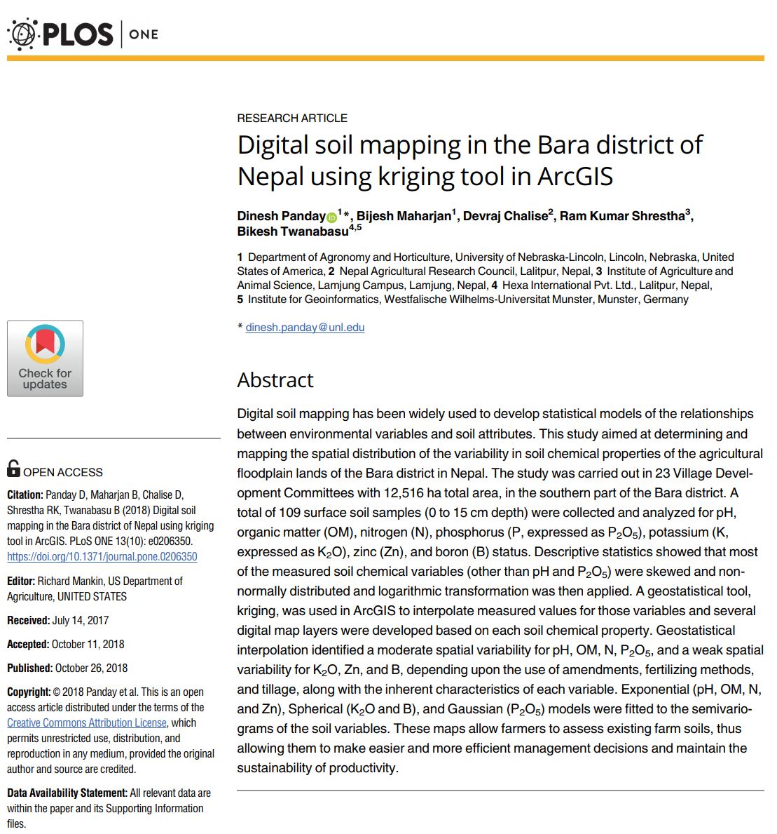 dineshpanday's tweet image. New article just published in @PLOSONE- provides information on #spatialvariability of #soilnutrients to #farmers, allowing them to make easier &amp;amp; more efficient management decisions journals.plos.org/plosone/articl… #DigitalSoilMapping #PrecisionAgriculture #Nepal #Agriculture #SoilMapping
