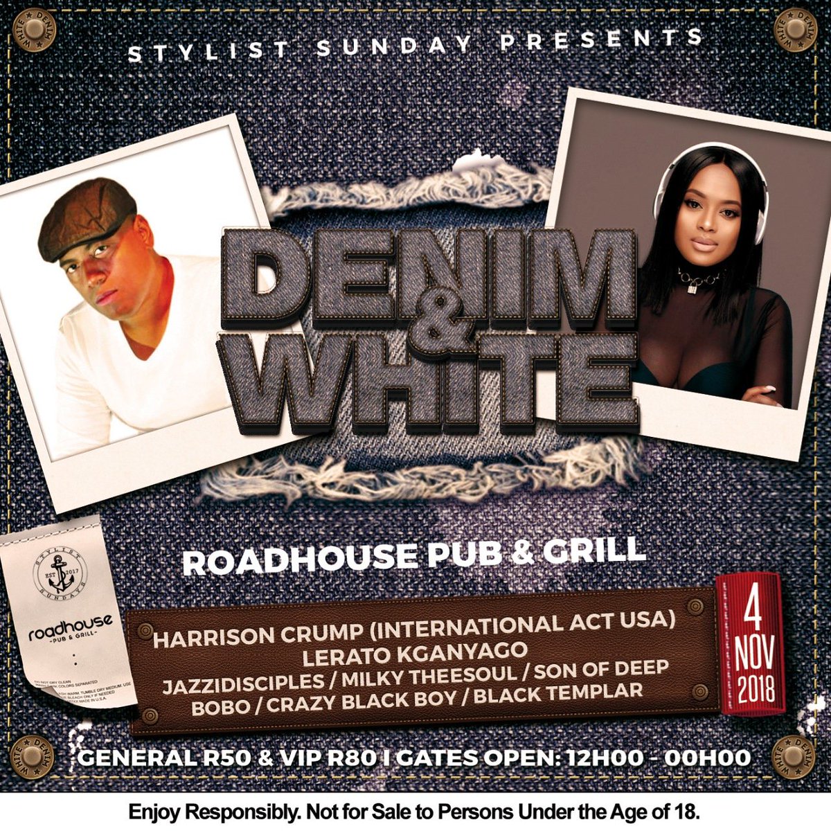 RoadhouseSoweto's tweet photo. STYLIST SUNDAY Presents DENIM & WHITE
SUNDAY, 04 NOVEMBER | 12pm
GENERAL: R50 | VIP: R80
LINEUP:
๐ง: Harrison Crump
๐ง: Lerato Kganyago
๐ง: Jazzidisciples
๐ง: Milky Theesoul
๐ง: Son Of Deep
๐ง: Bobo
๐ง: Crazy Black Boy
๐ง: Black Templar
#EveryFirstFriday https://t.co/Jsk3ppNF9F