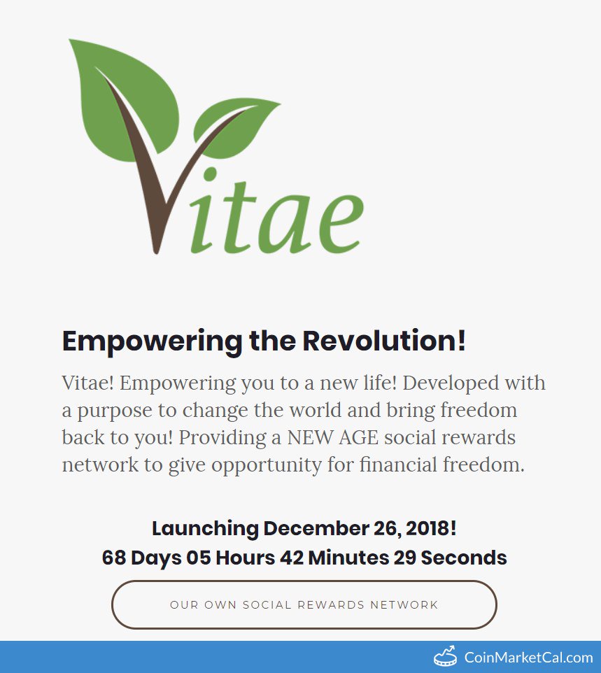 cal_coin's tweet photo. 🆕 New Vitae (VITAE) event! 
 
26 December 2018 
#Vitae Launch https://t.co/MHztMSMQBQ