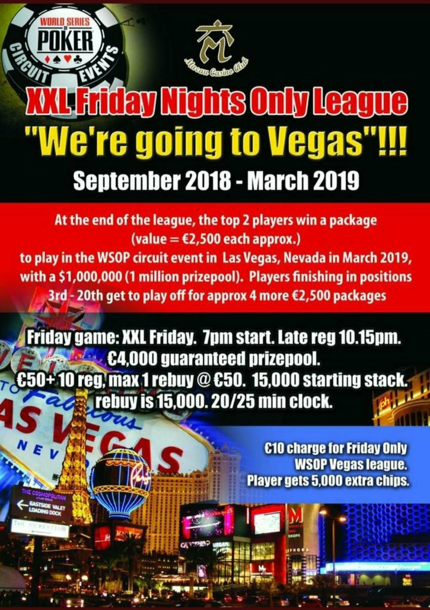 Friday Game  The XXL €4000 guarantee.

Vegas Friday League 

€50+€10 one rebuy or add-on €50

7pm sharp late reg 10pm

20/25 min blinds 15k+15k stacks

RT for a chance to win one of two half price seats.

#poker #Cork #FridayFeeling #PureCork #jazz #GuinnessCorkJazz