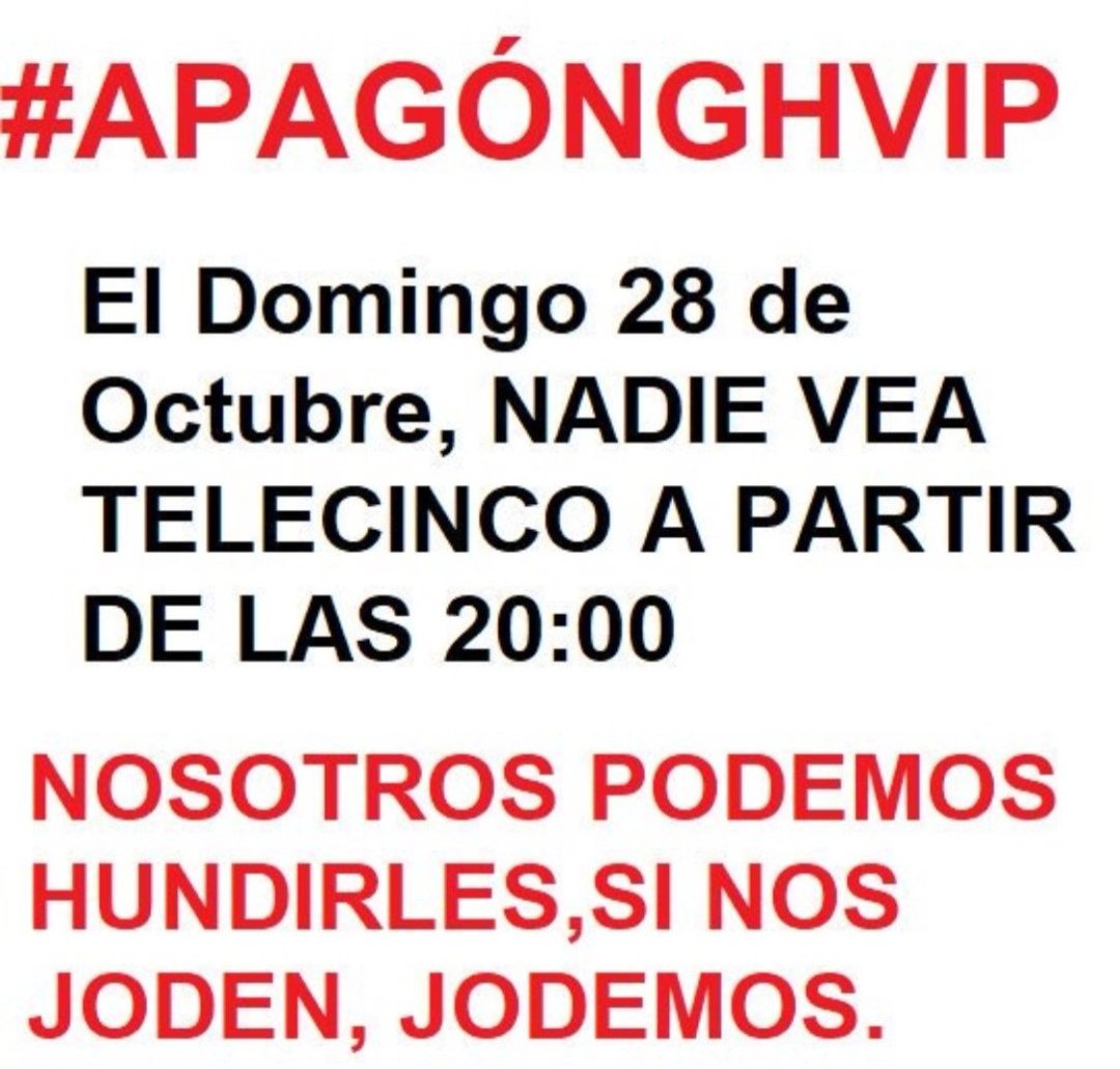 Ojo_De_Loca's tweet photo. Yo lo voy a hacer. A ver si así valoráis más a la audiencia @ghoficial y @jjaviervazquez
Ahí os quedáis el domingo con vuestro #GHVIPdebate7 Ojalá todo el mundo lo haga. Seguro que a partir del martes moveríais ficha. Ya está bien #colorincoloradoestecuentosehaacabado
#GHVIP26O https://t.co/yZF5YbJGcn