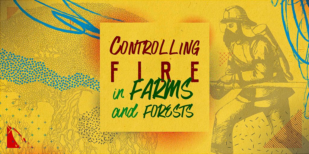The image shows a firefighter in front of a tree. There are several blue lines formed by different patterns. In the center there’s a yellow box with details in red. Inside it there’s the following text “Controlling fire in farms and forests”