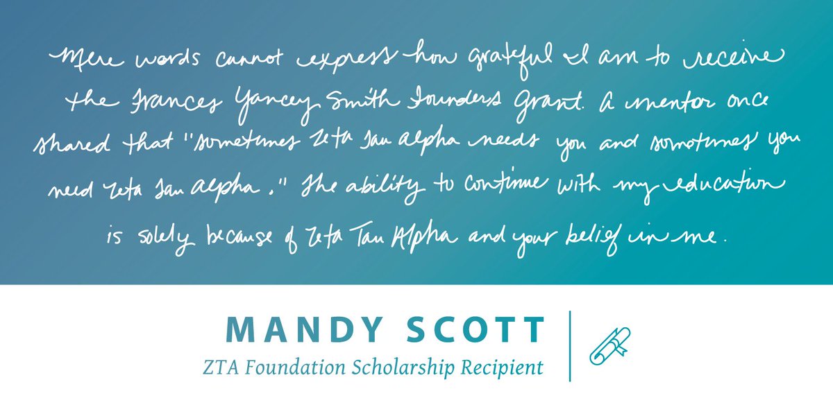 ZTAFraternity's tweet photo. βThe ability to continue with my education is solely because of Zeta Tau Alpha and your belief in me.β
We love these words from Mandy Scott, one of 290 women who received ZTA Foundation scholarships this academic year.
More: https://t.co/TUEkMgx542 https://t.co/xGjHpFK3Pq