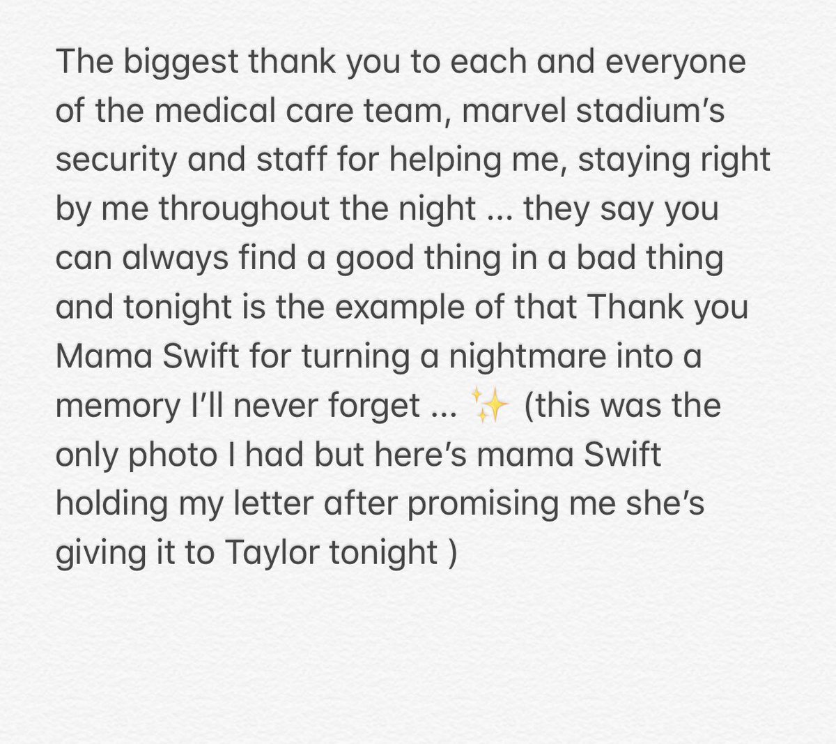 taysavedsonia's tweet image. Thank you so much Mama Swift for turning a nightmare into a night I will never forget. I love you so much and I love Taylor and I’ll never forget you telling me I was “Full of love” 💗 @taylorswift13 @taylornation13 #RepTourMelbourne #RepTourAustralia
