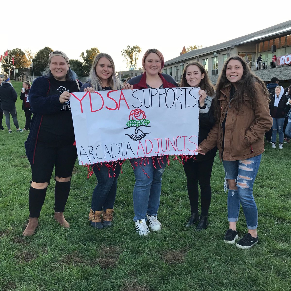 AUSocialists's tweet photo. We never tweeted our banner from Rock the Knight last week! As contract negotiations continue, we’ll keep supporting our adjunct professors for an #ArcadiaContractNow ! #ArcadiaInauguration #PrezNair https://t.co/ZaWuhci68A