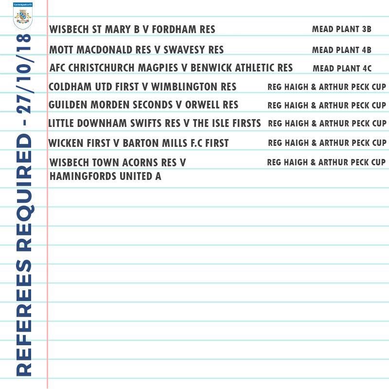 We are still looking for referees for the following games tomorrow. If you are free and can help we would be delighted to hear from you. Email referees@cambridgeshirefa.com or call 01223 209028 / 07760 222487.