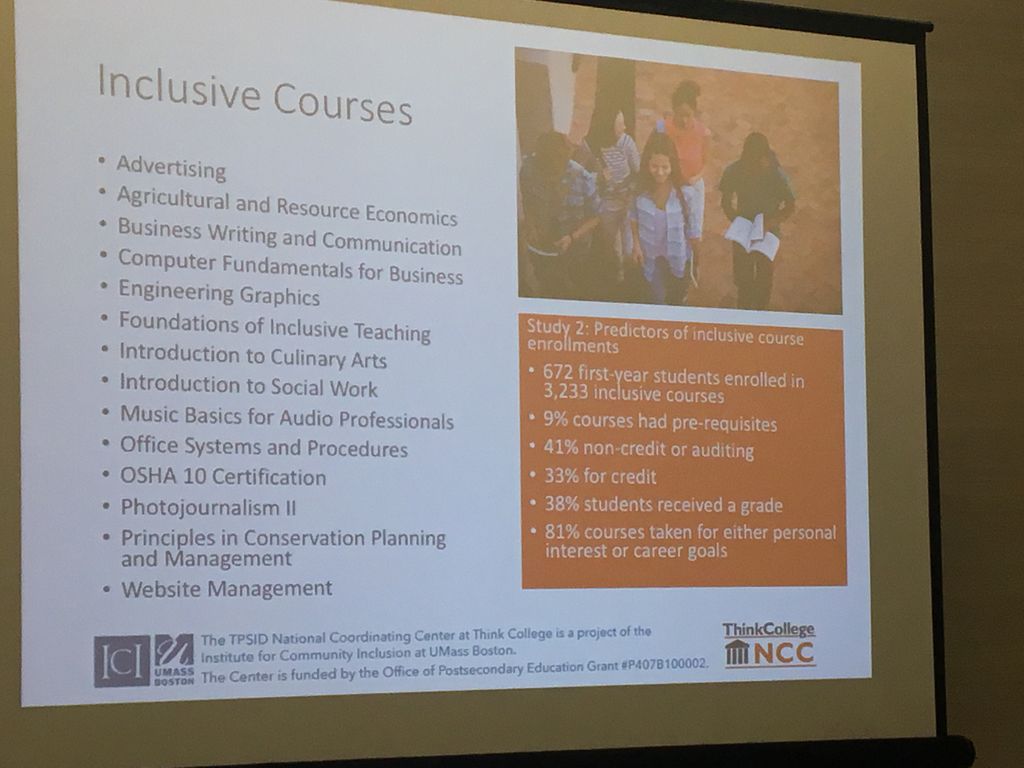 thinkcollegeICI's tweet photo. Wondering what kind of classes students with ID are taking in college? Here’s a small sample. Know what else? The average student who takes a course for credit gets a B. 😳👍 #DCDT2018 #InclusiveHigherEd #ThinkCollege https://t.co/b5IbM1lki3