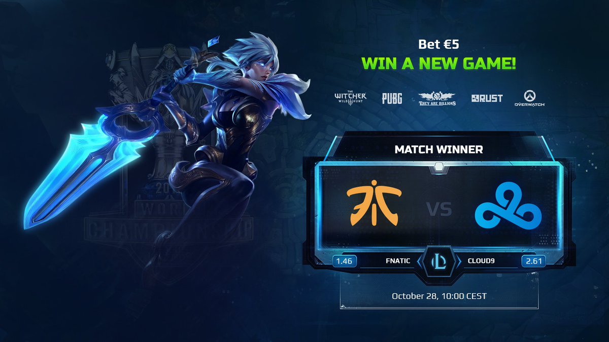 Fusion_bet's tweet photo. We decided to add more excitement to the League of Legends Worlds Semifinals! Everyone who bets €5 or more on the match winner of @Cloud9 vs @FNATIC will be entered into a random drawing for a free PC game! Two users will be contacted by e-mail on Monday!
https://t.co/u5tz0cDnSj https://t.co/tZ4fy7vgvM