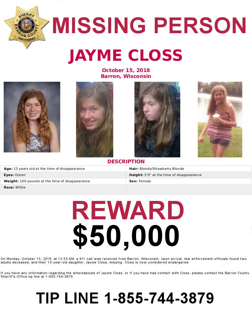 FBIMilwaukee's tweet photo. $50,000 REWARD is now being offered for information that leads to locating Missing &amp; Endangered 13 year old JAYME CLOSS. The Barron County Sheriff's announced the increase on Facebook, doubling the recent @FBIMilwaukee  reward. #FindJayme https://t.co/TLY0HY4Qti https://t.co/euUmvR3fcG