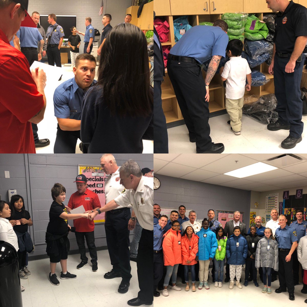 Special delivery this morning at @OKCPS Parmelee Elementary. Our recruits and off-duty firefighters helped fit students with a new winter coat! Special thanks to Councilman Stone and @HudiburgAuto for their support!