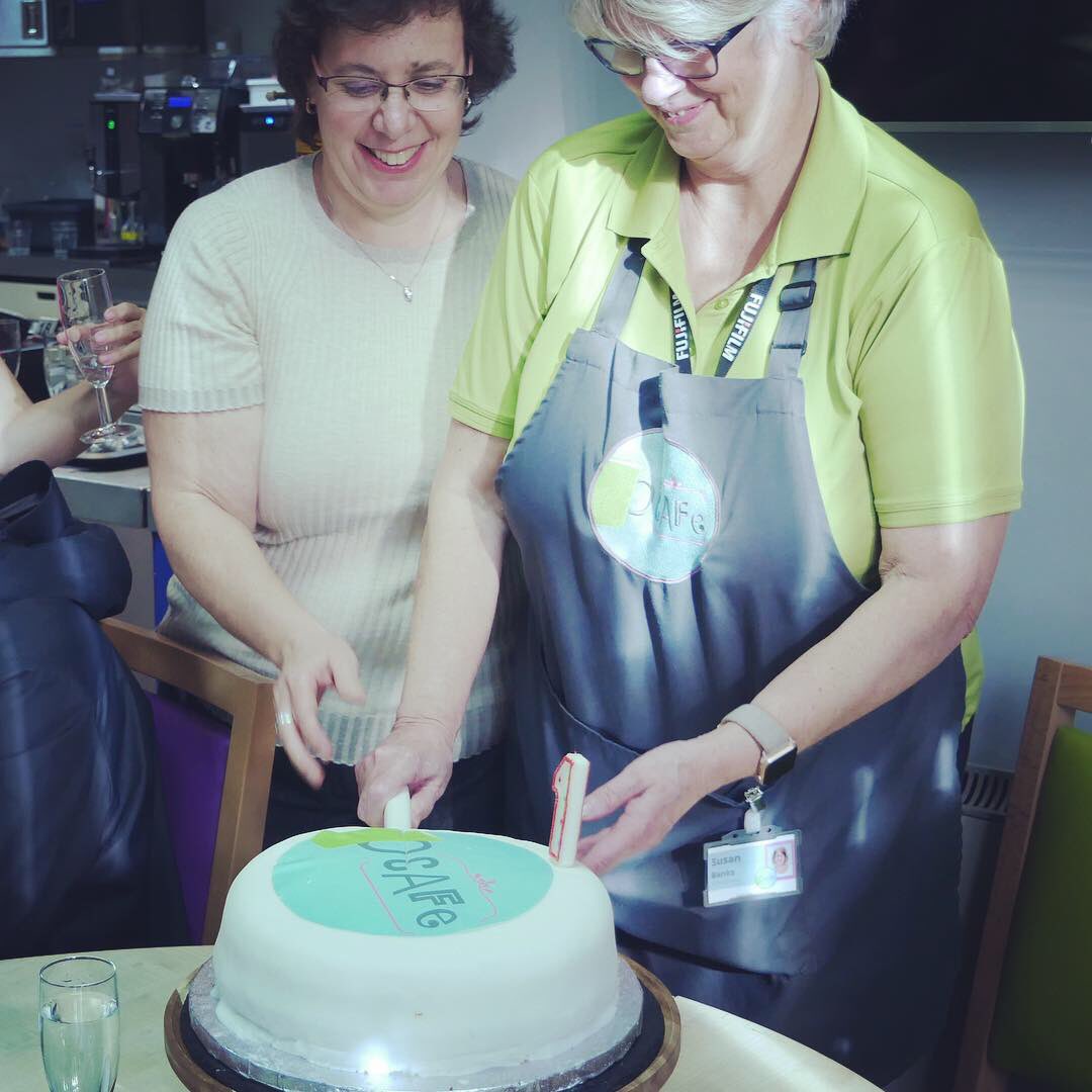 Dcafe_JDA's tweet photo. Our #1stbirthday π this week. #Deafchildren had fun #pizzabaking Customers enjoying #freecoffee βοΈ Birthday cake made by #Deafvolunteers May @Dcafe_JDA continue and grow! Thank you to: @peaksandswirls in donating the cake topper and @stepheniliffe volunteer photographer https://t.co/1KMFtVEhNN